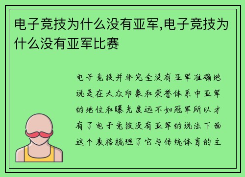 电子竞技为什么没有亚军,电子竞技为什么没有亚军比赛